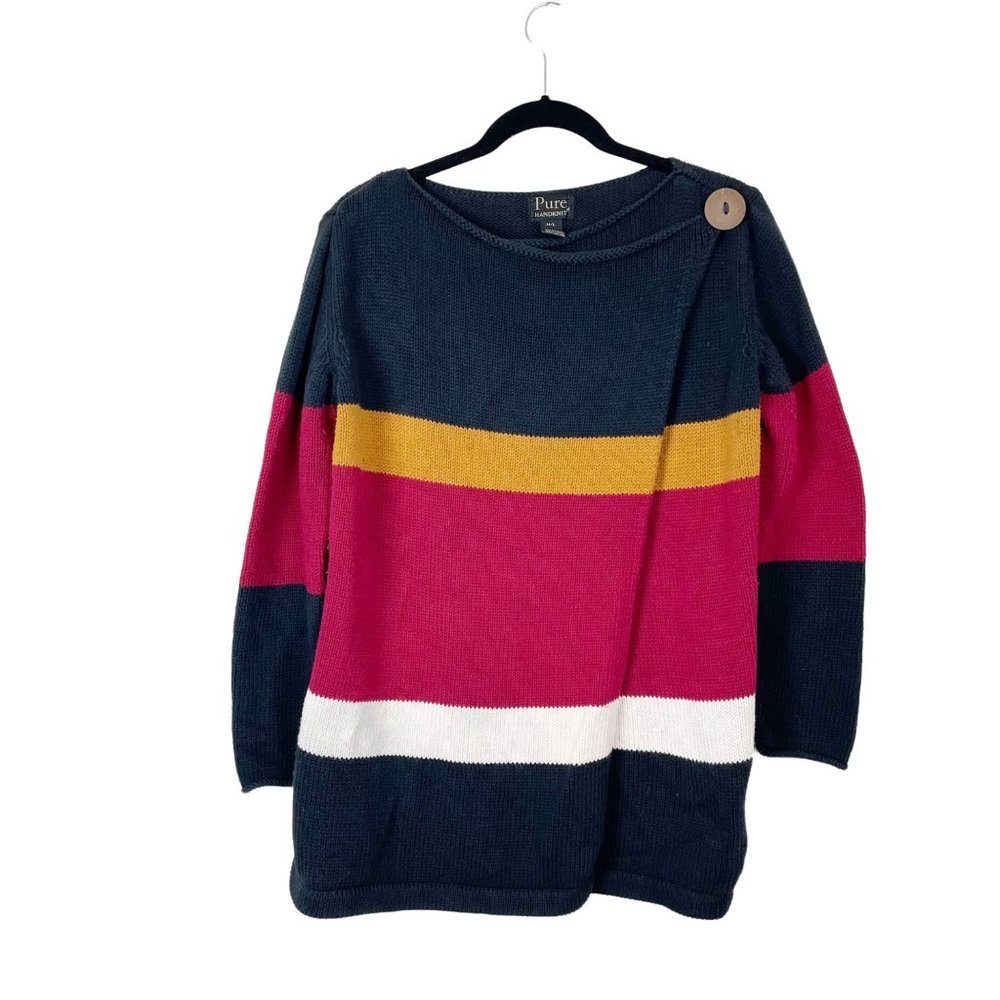 Pure Hand Knits Woman's M/L‎ Red Black Striped Wrap Front Sweater Lagenlook